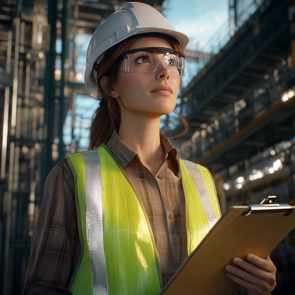 Woman in safety helmet with a clipboard