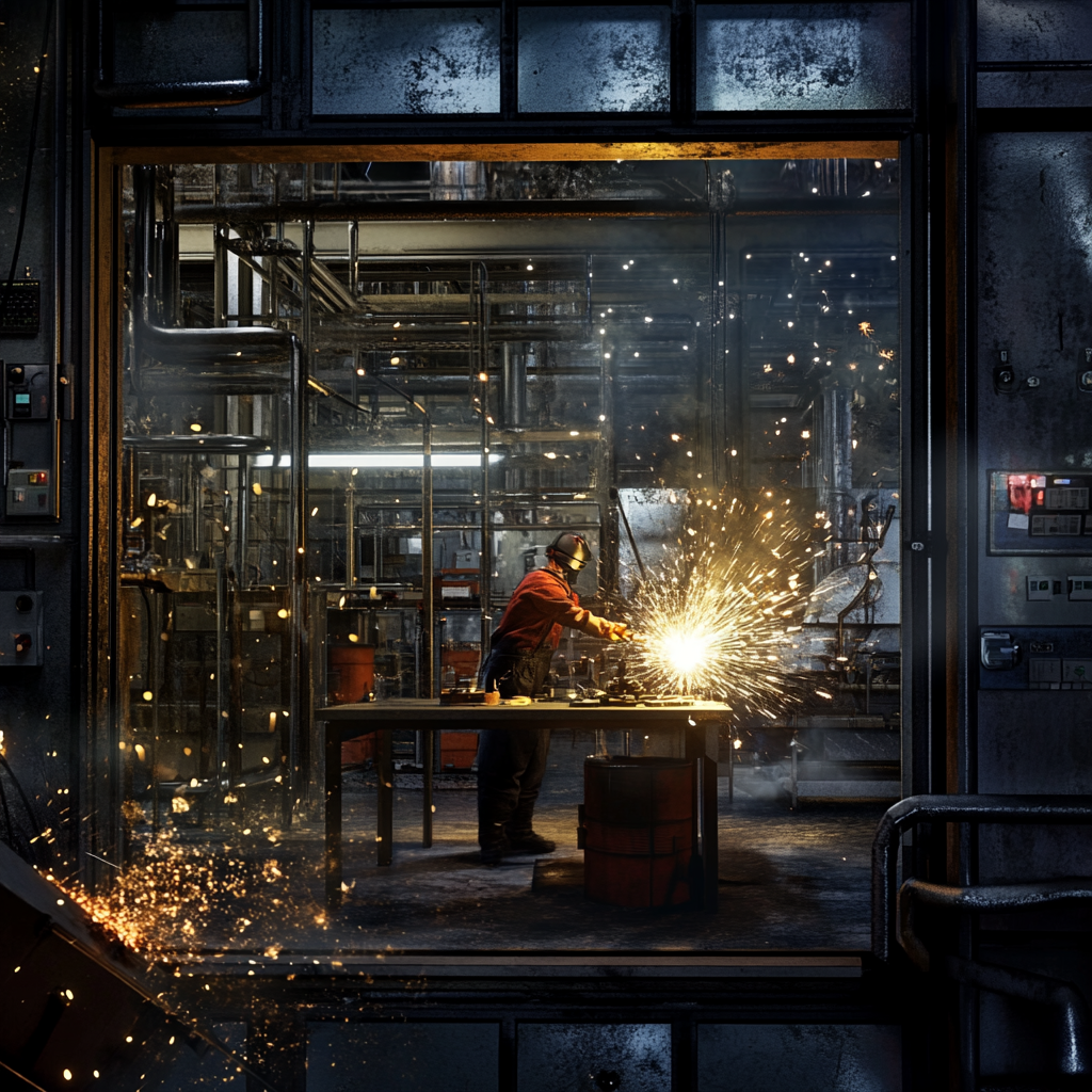 Worker grinding metal with sparks flying