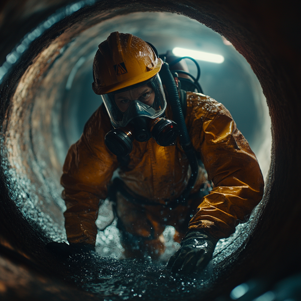 Worker crawling through a tunnel