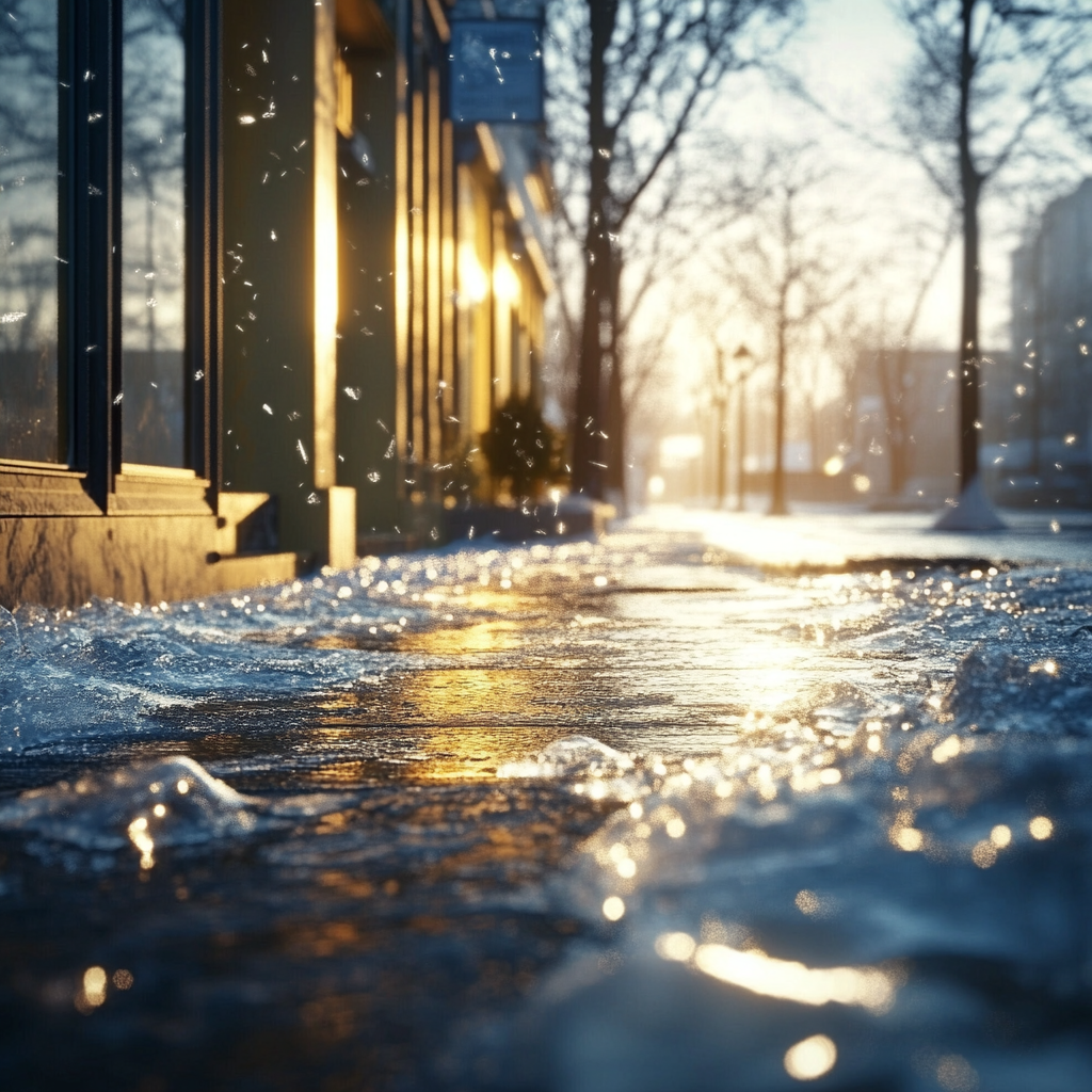 Icy sidewalk in front of store front.