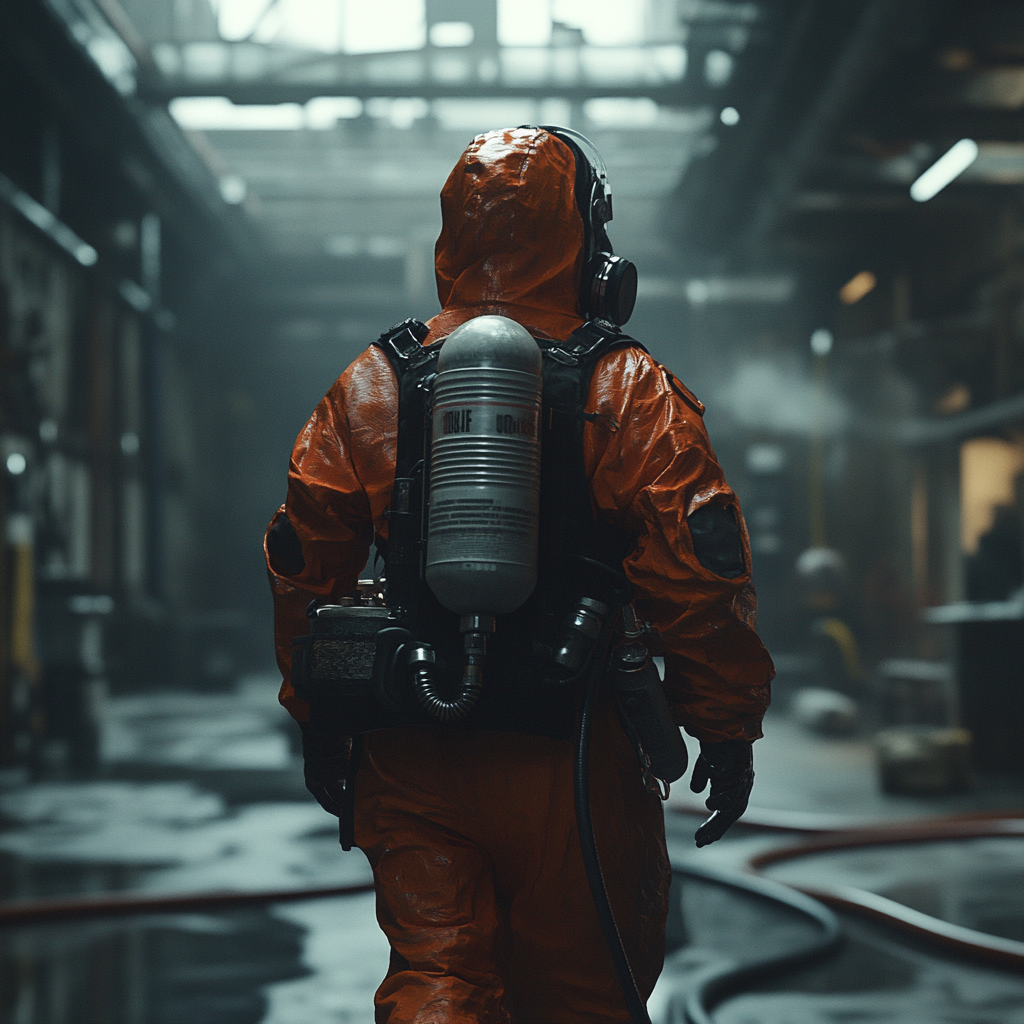 Person in Class B protective suit