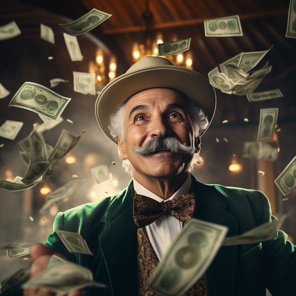 A guy with money falling down around him