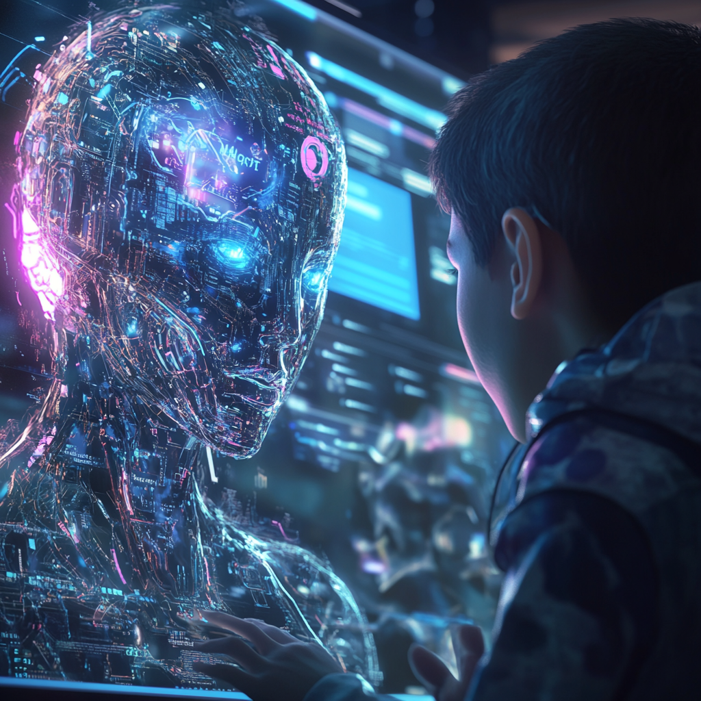 Futuristic AI model working with child