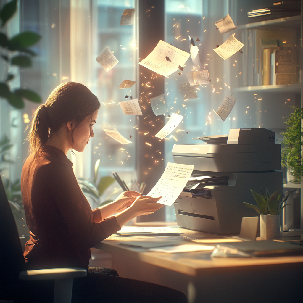 Woman sitting at a printer with paper flying around her